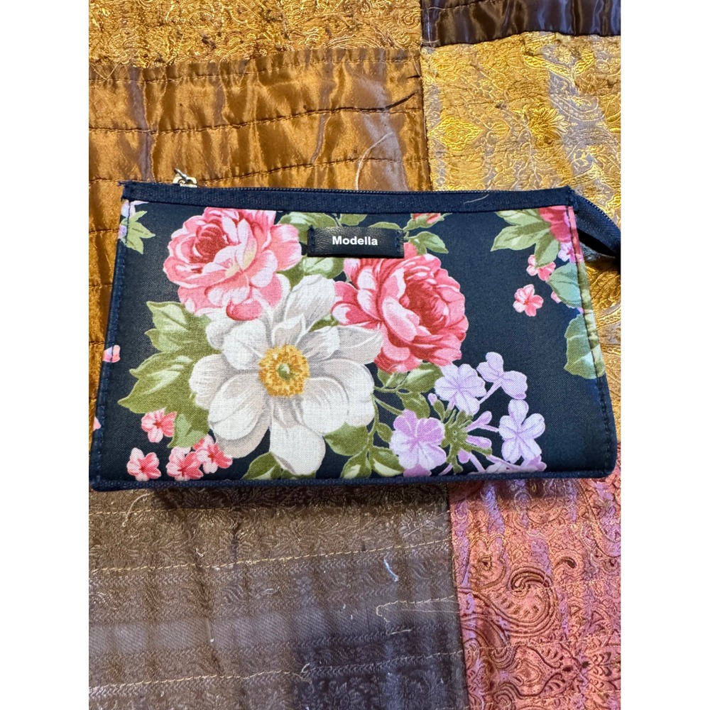 Modella Floral Makeup Bag Navy Blue Pink Rose Cosmetic Pouch Travel Organizer
